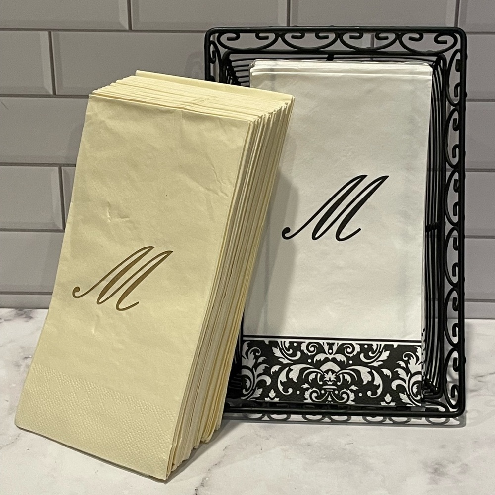 “M” Hand Towels + Scroll Basket